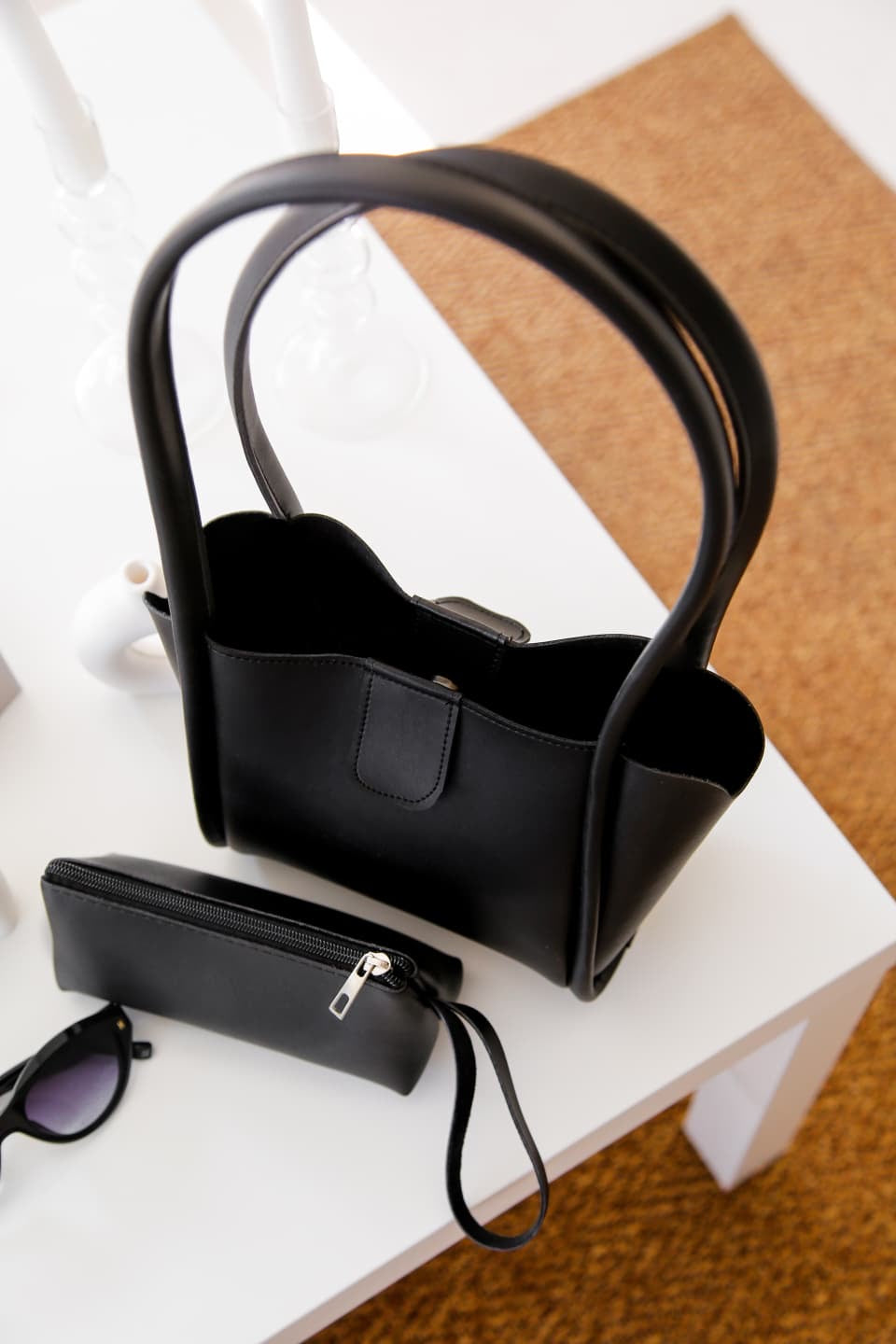 Siyah Şık Cüzdanlı Makyaj Çantalı Kadın Çıtçıtlı El Omuz Çantası Elyon Nut