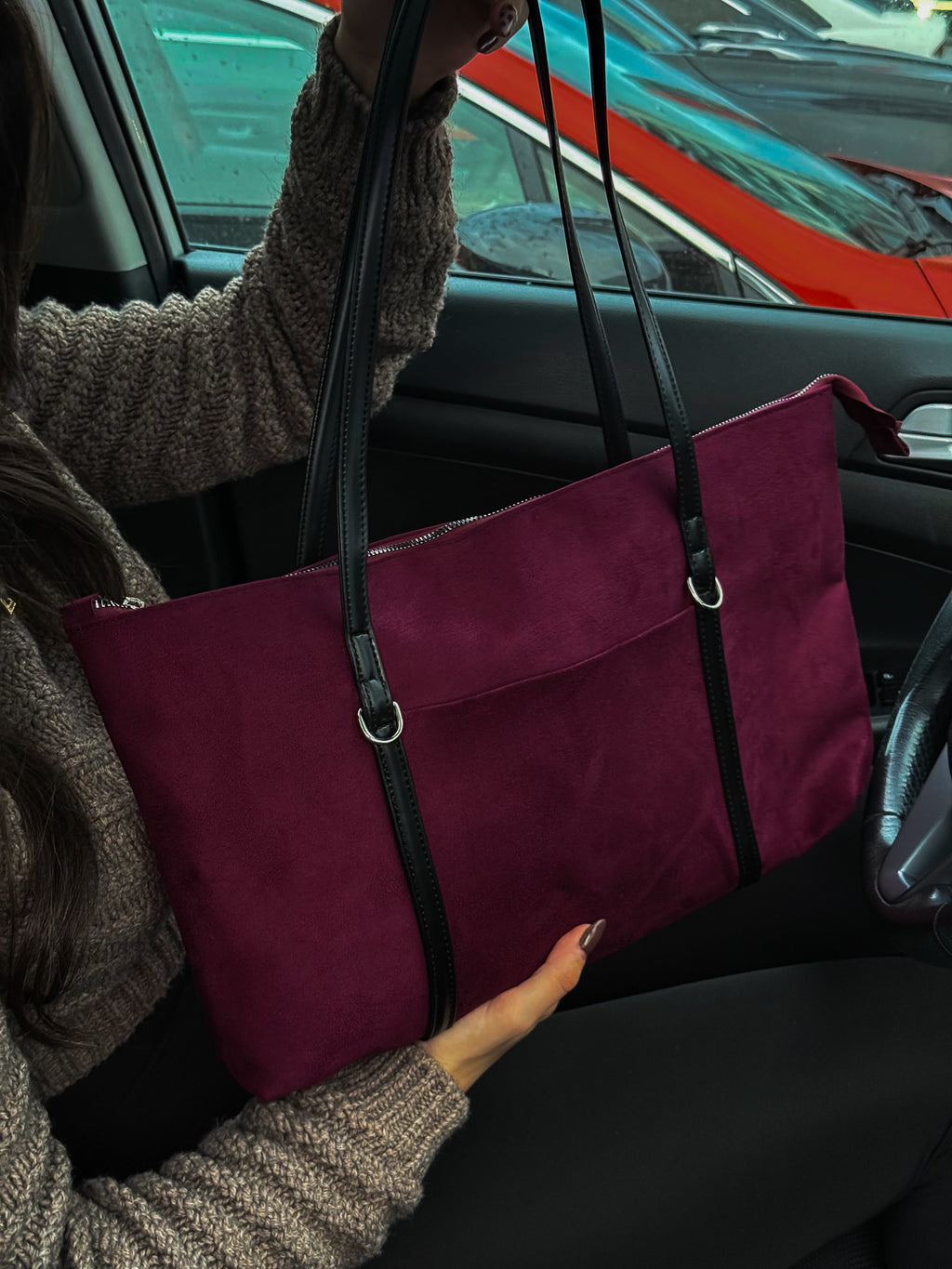 Süet Mürdüm Şeritli Shopper Omuz Çantası Lizze Plum