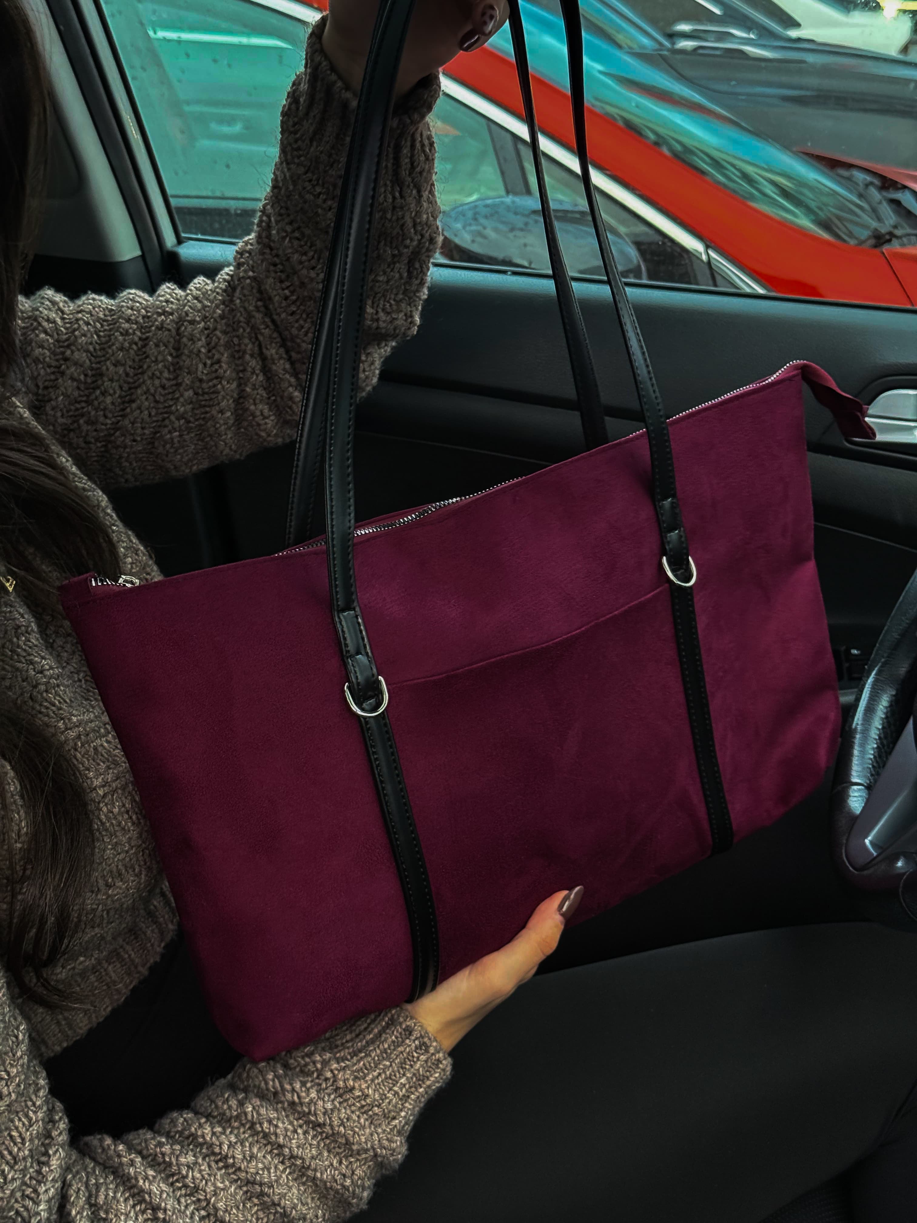 Süet Mürdüm Şeritli Shopper Omuz Çantası Lizze Plum