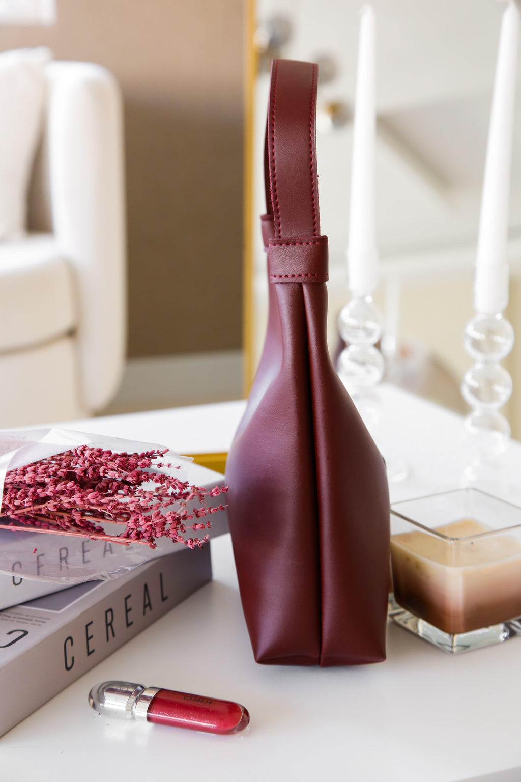 Bordo Suni Deri Fermuarlı El Çantası Navora Amber