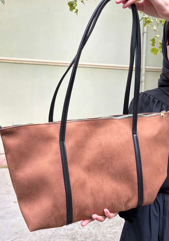 Süet Taba Şeritli Shopper Omuz Çantası Lizze Camel