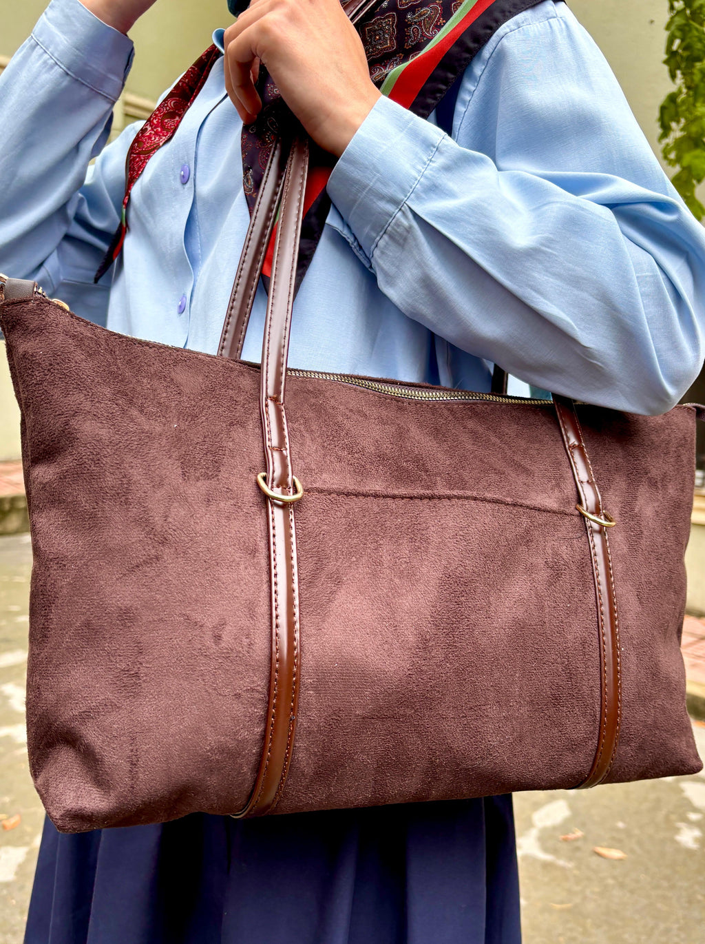 Süet Kahverengi Şeritli Shopper Omuz Çantası Lizze Coffe