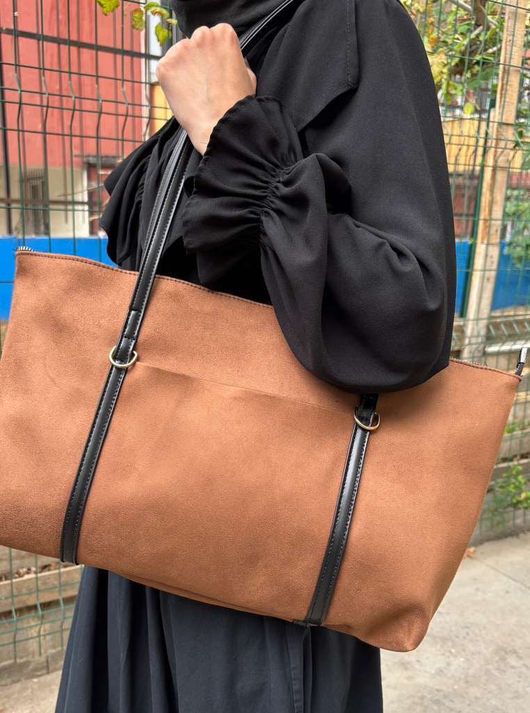 Süet Taba Şeritli Shopper Omuz Çantası Lizze Camel