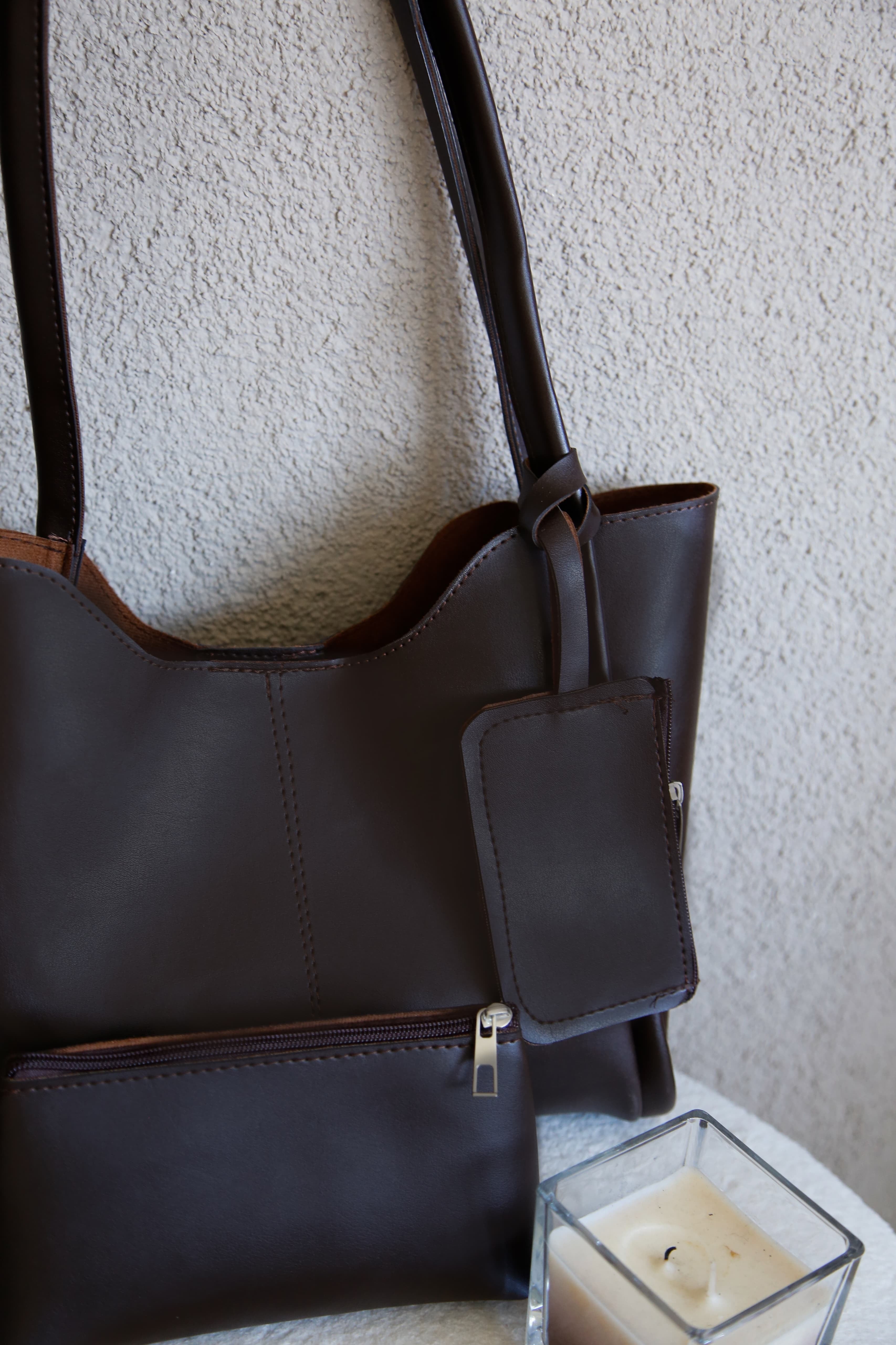 Kahverengi Şık ve Fonksiyonel Cüzdanlı & Makyaj Çantalı Kadın Çıtçıtlı El ve Omuz Çantası Lizyy Kafe