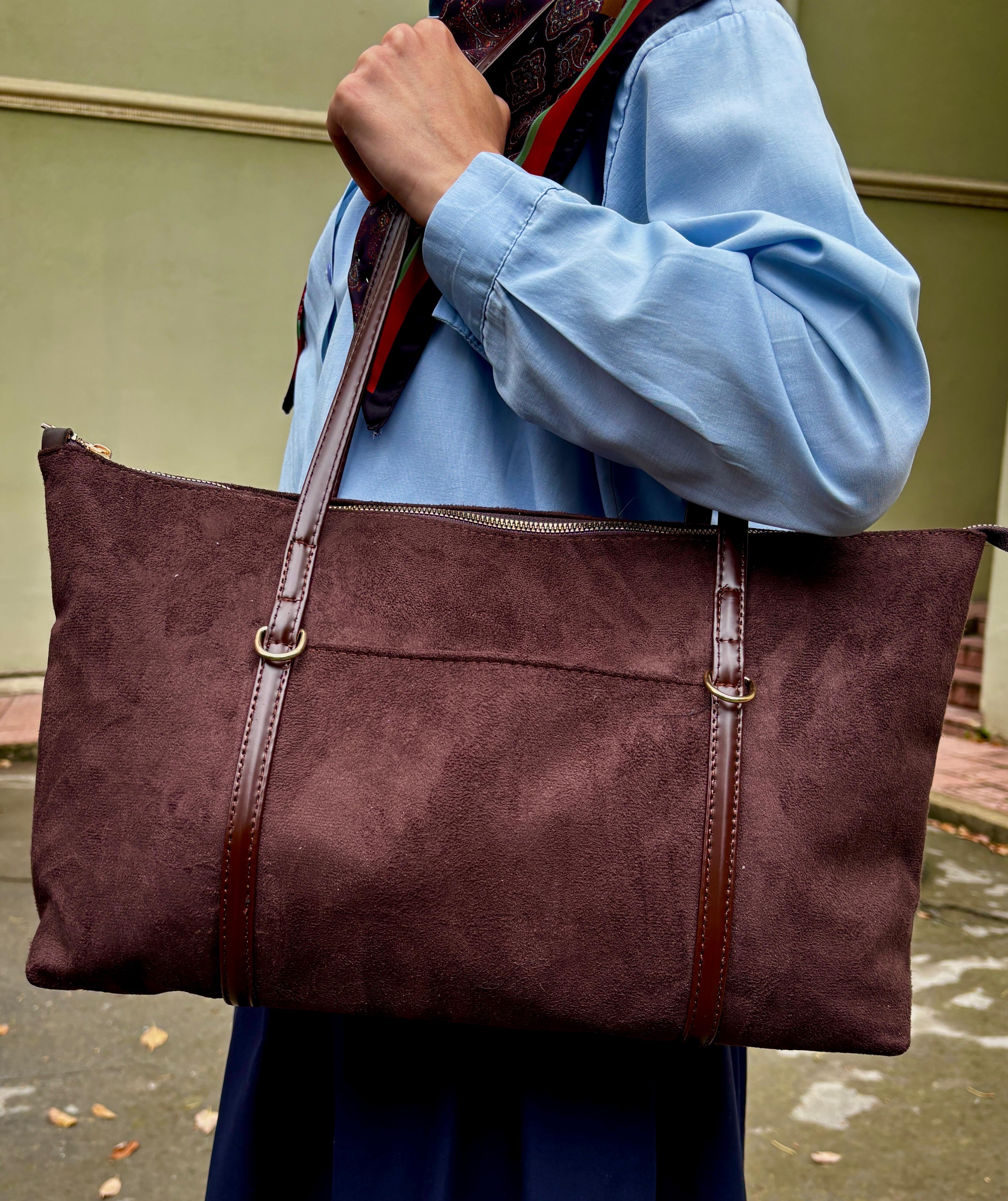 Süet Kahverengi Şeritli Shopper Omuz Çantası Lizze Coffe