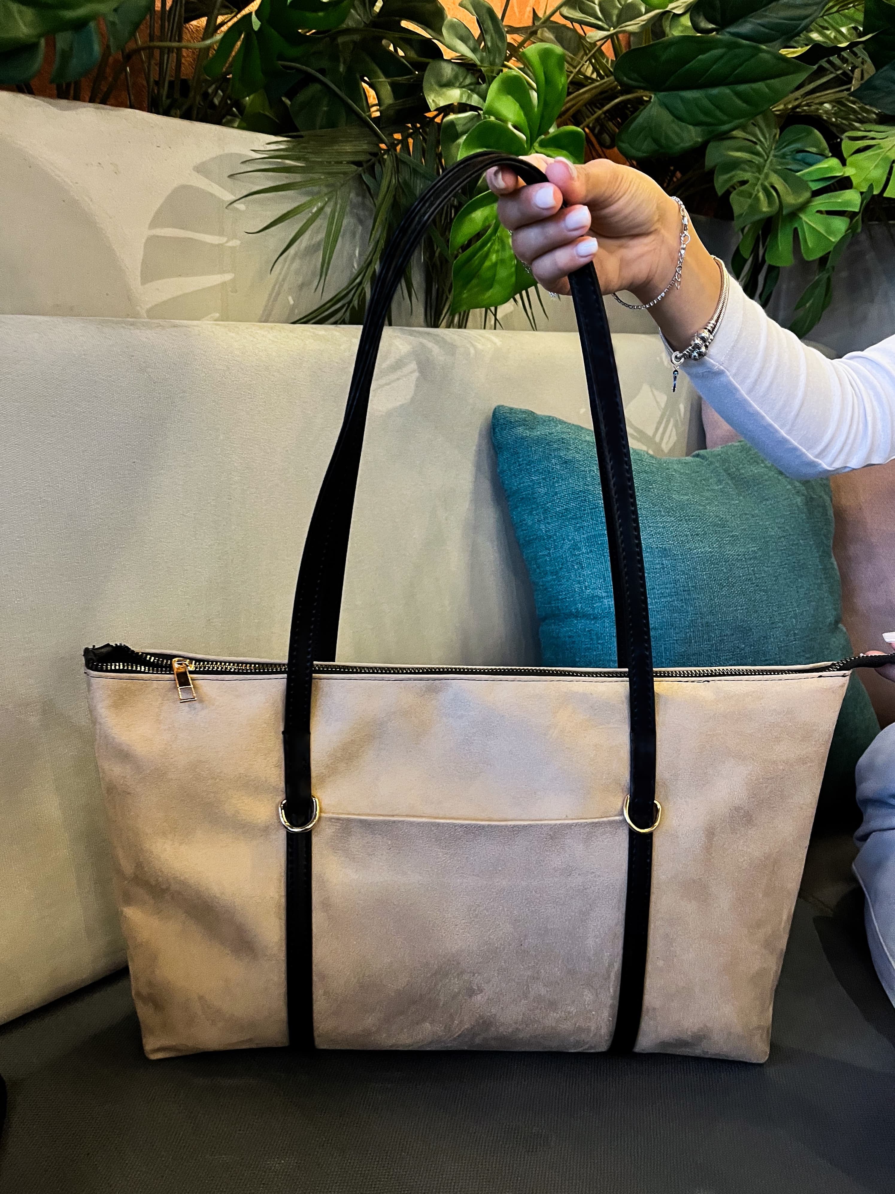 Süet Vizon Şeritli Shopper Omuz Çantası Lizze Beige