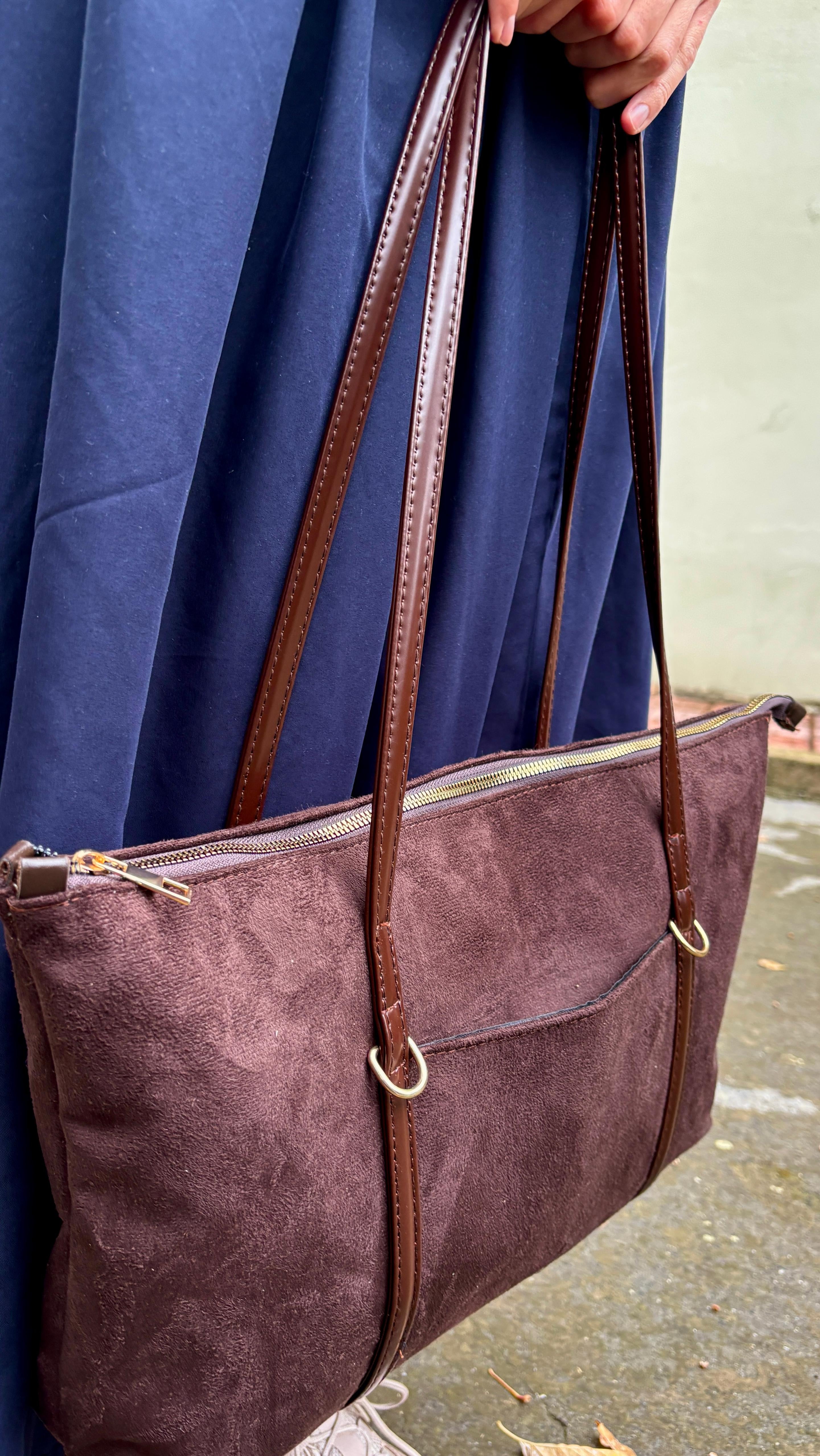 Süet Kahverengi Şeritli Shopper Omuz Çantası Lizze Coffe