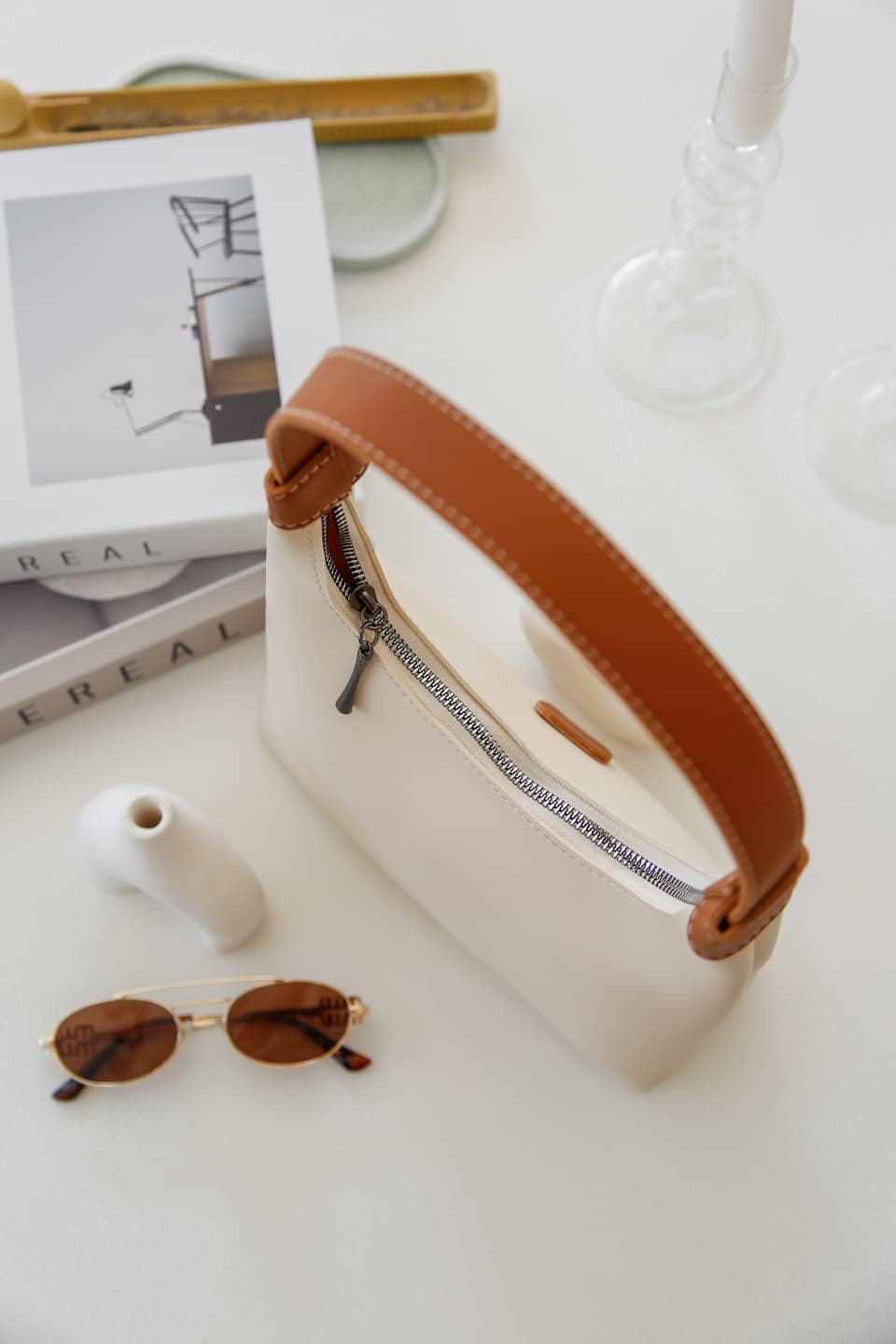 Krem Taba Suni Deri Fermuarlı El Çantası Navora