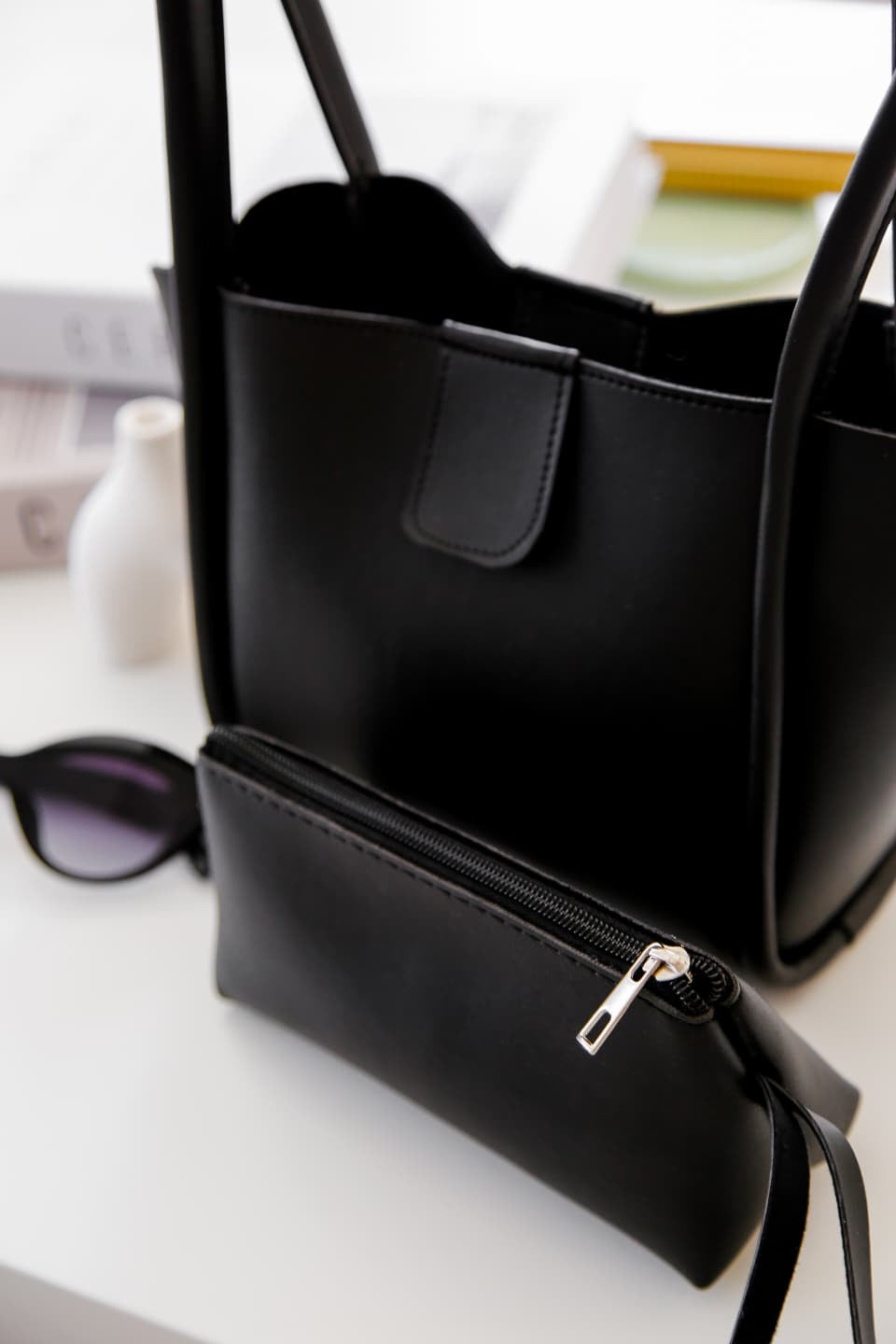 Siyah Şık Cüzdanlı Makyaj Çantalı Kadın Çıtçıtlı El Omuz Çantası Elyon Nut