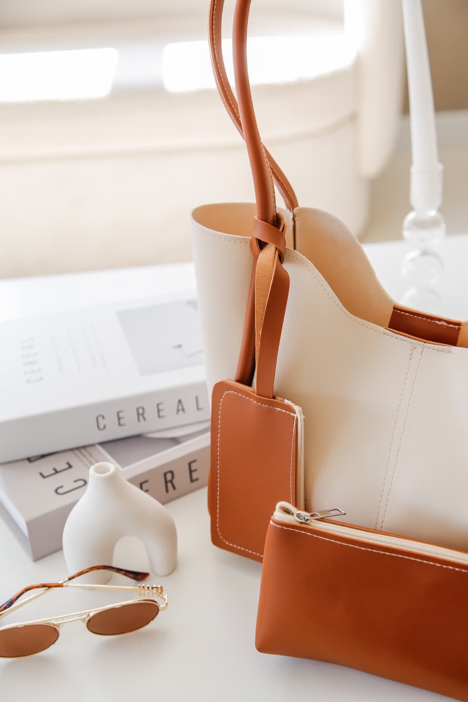 Krem & Taba Şık ve Cüzdanlı & Makyaj Çantalı Kadın Çıtçıtlı El ve Omuz Çantası Lizyy Terra