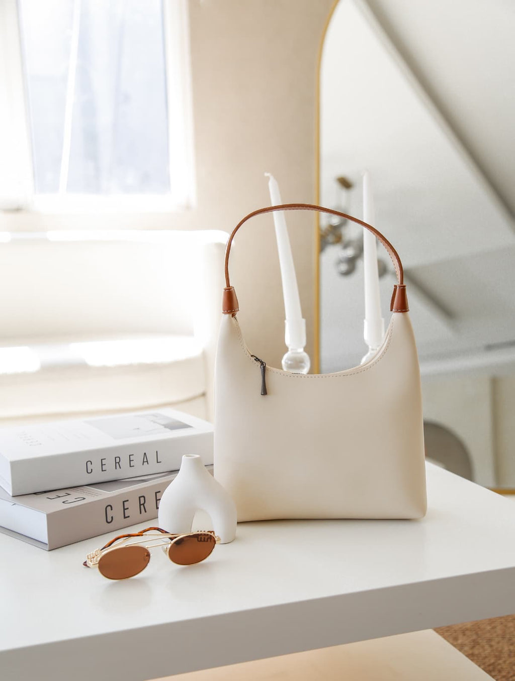 Krem Taba Suni Deri Fermuarlı El Çantası Navora