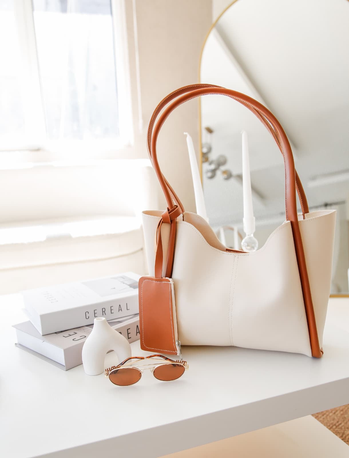 Krem & Taba Şık ve Cüzdanlı & Makyaj Çantalı Kadın Çıtçıtlı El ve Omuz Çantası Lizyy Terra