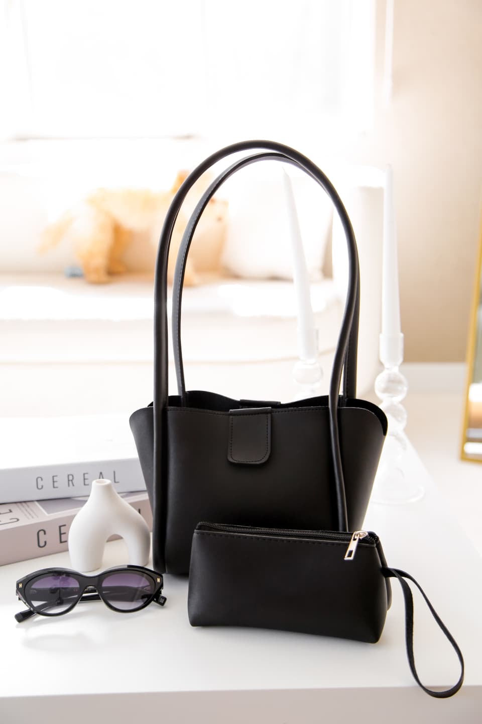 Siyah Şık Cüzdanlı Makyaj Çantalı Kadın Çıtçıtlı El Omuz Çantası Elyon Nut