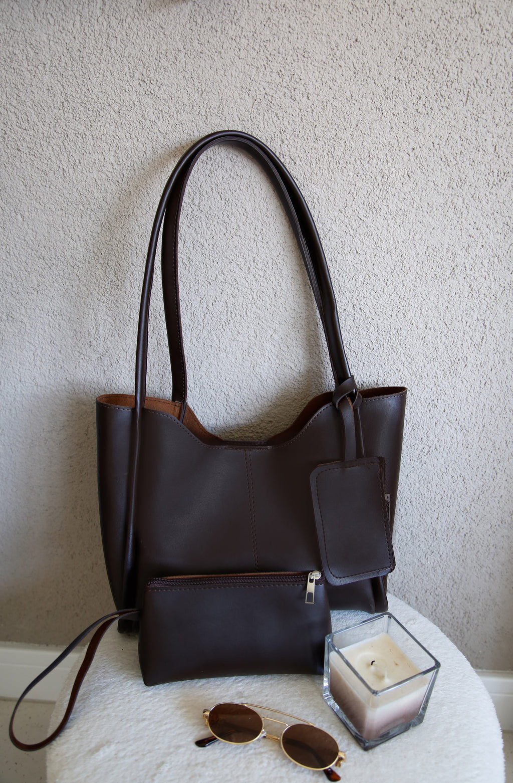 Kahverengi Şık ve Fonksiyonel Cüzdanlı & Makyaj Çantalı Kadın Çıtçıtlı El ve Omuz Çantası Lizyy Kafe