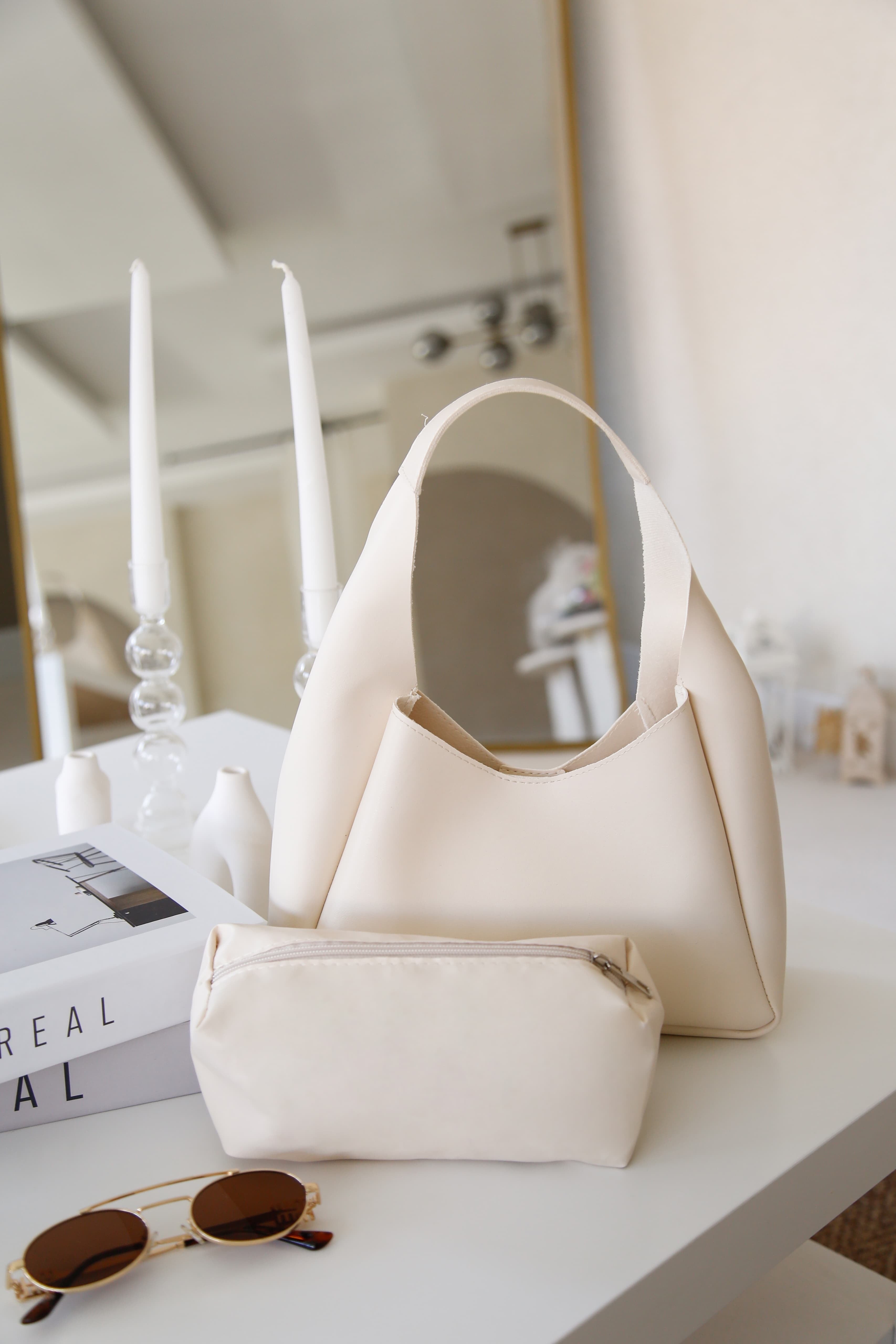 Krem Suni-Şık Deri , Çıtçıtlı, Tek Bölmeli, Fermuarlı Makyaj Çantalı, El, Kol Ve Omuz Çantası Amira Quartz