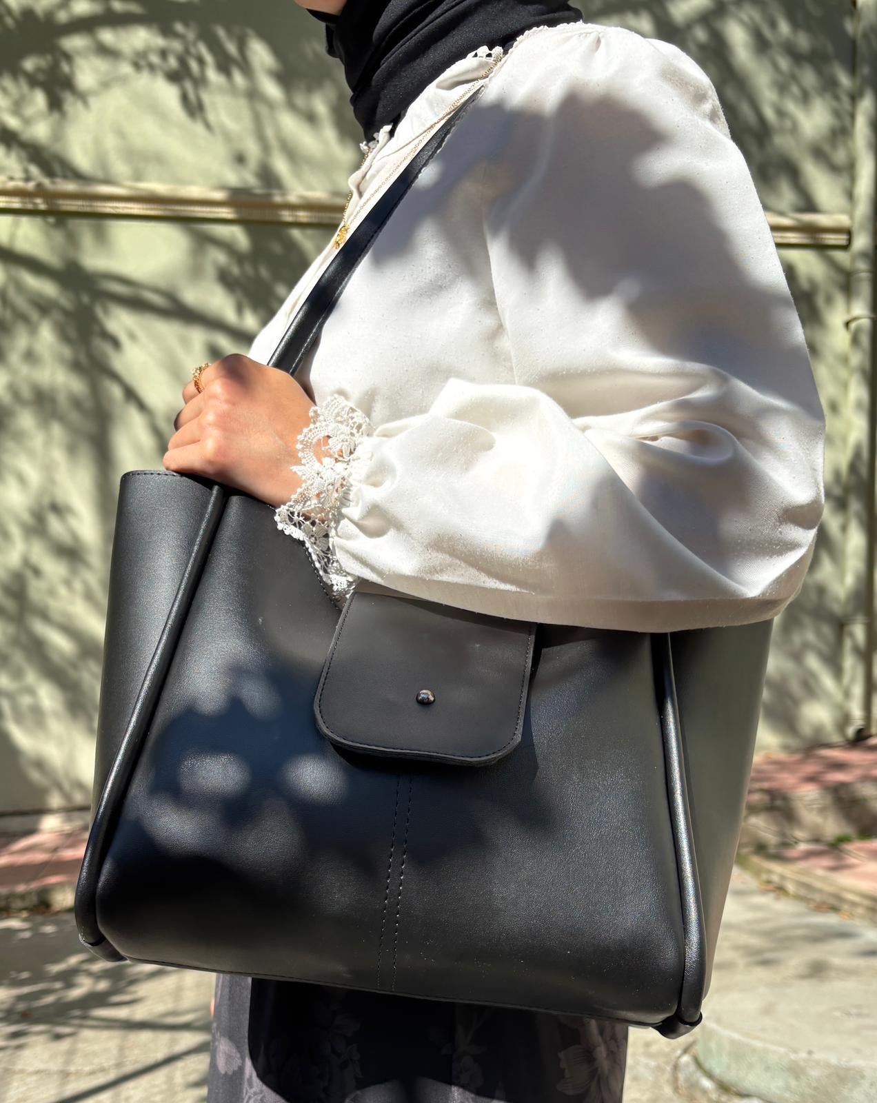 Siyah Suni Deri Çıtçıtlı Geniş Hacimli Omuz Çantası Nova Tote