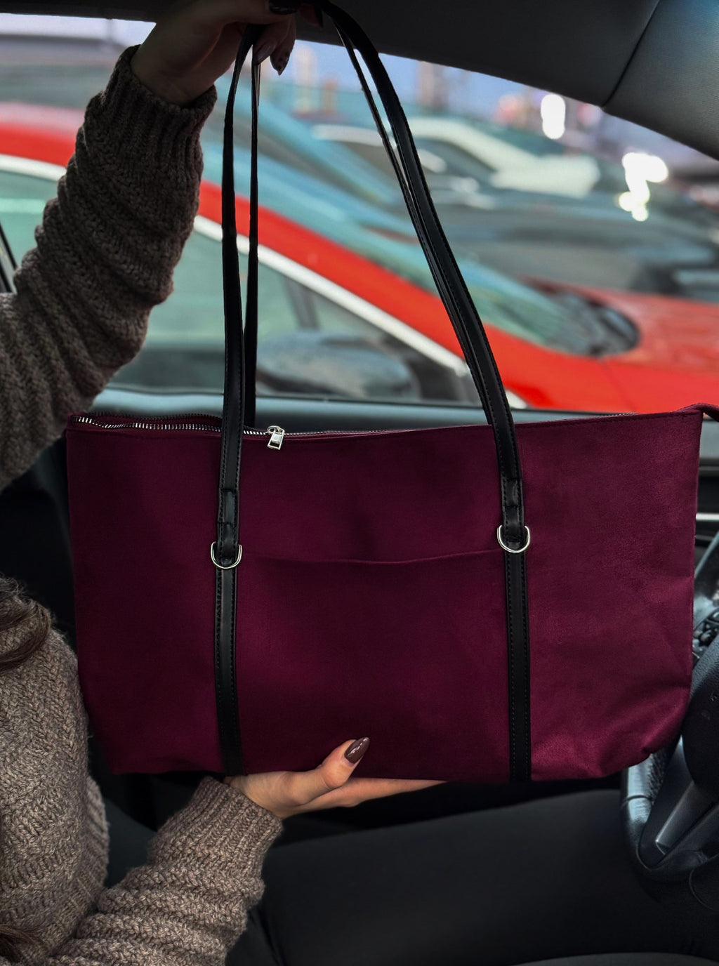 Süet Mürdüm Şeritli Shopper Omuz Çantası Lizze Plum