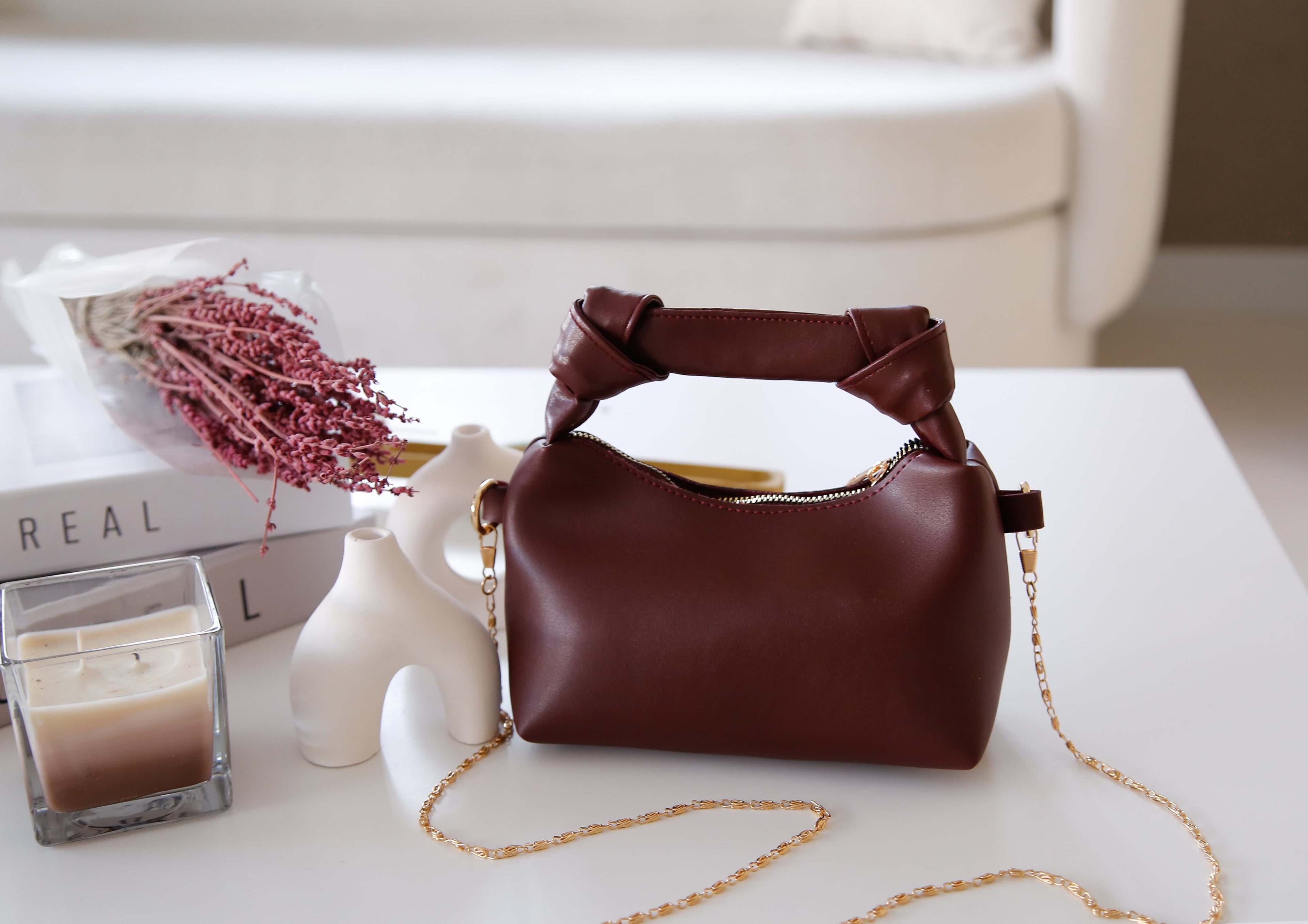 Bordo Soft Deri Düğüm Detaylı Zincir Askılı El Ve Omuz Çantası Zyra Amber