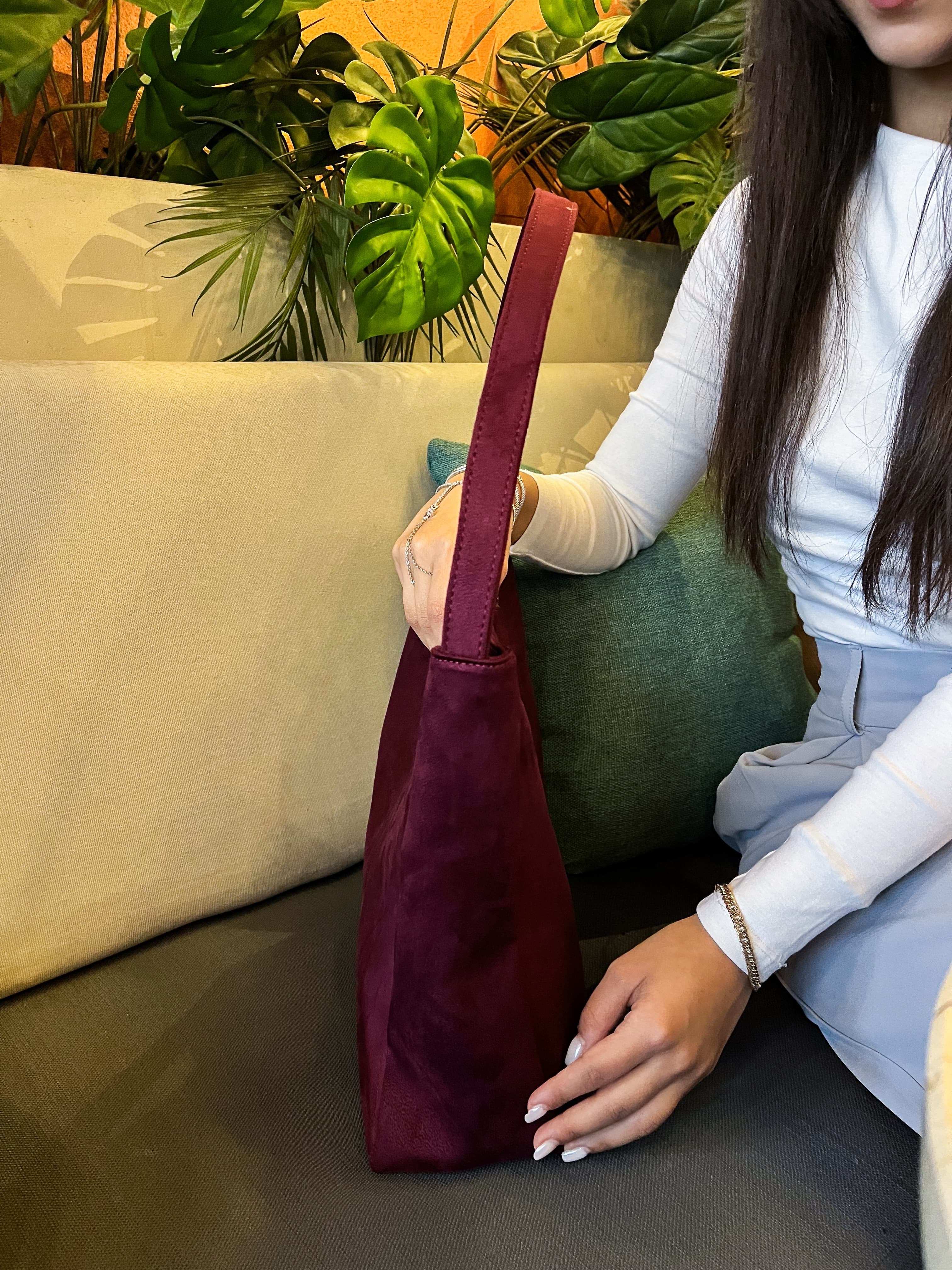Süet Mürdüm Hobo Postacı Formu Salaş Omuz Çantası Crimson Suede