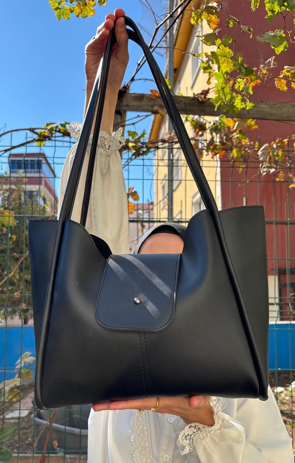 Siyah Suni Deri Çıtçıtlı Geniş Hacimli Omuz Çantası Nova Tote