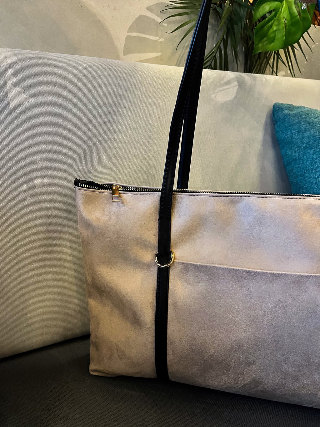 Süet Vizon Şeritli Shopper Omuz Çantası Lizze Beige