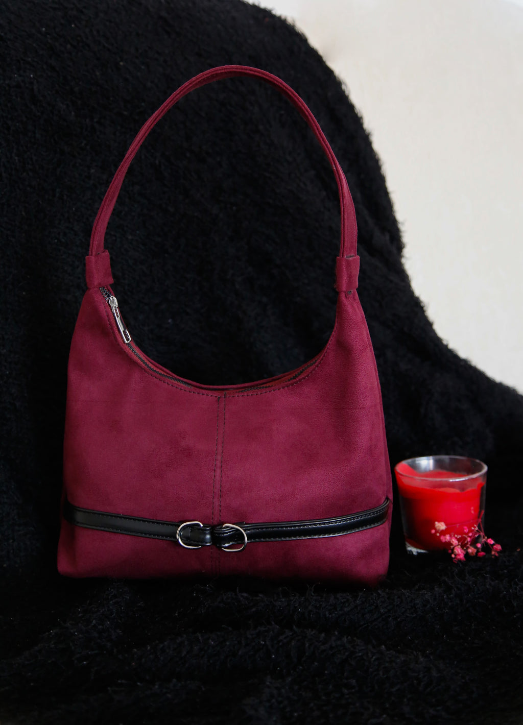 Ruby Mood Mürdüm Süet Şerit Detaylı El & Omuz Çantası