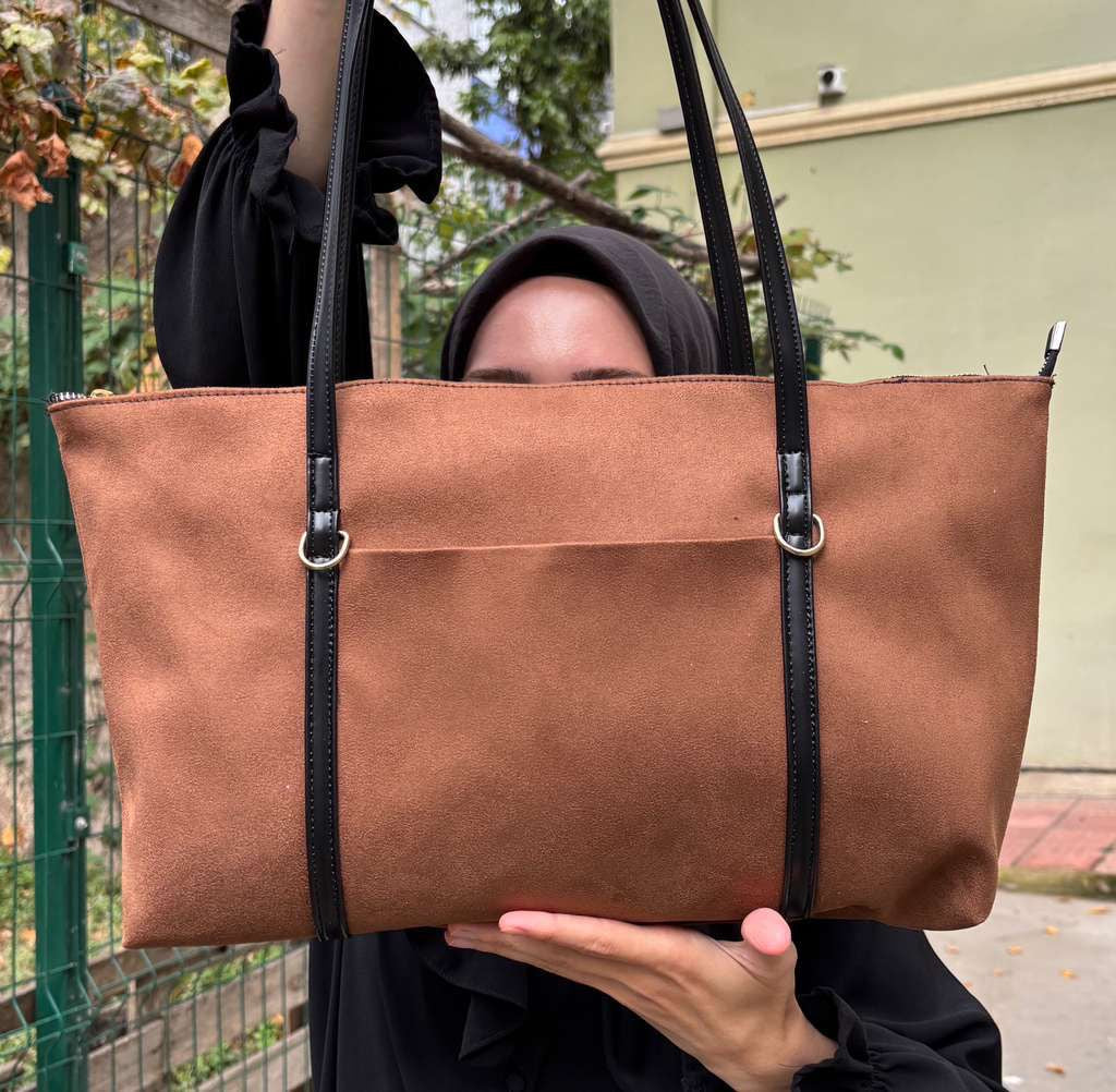 Süet Taba Şeritli Shopper Omuz Çantası Lizze Camel