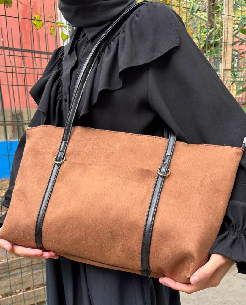 Süet Taba Şeritli Shopper Omuz Çantası Lizze Camel