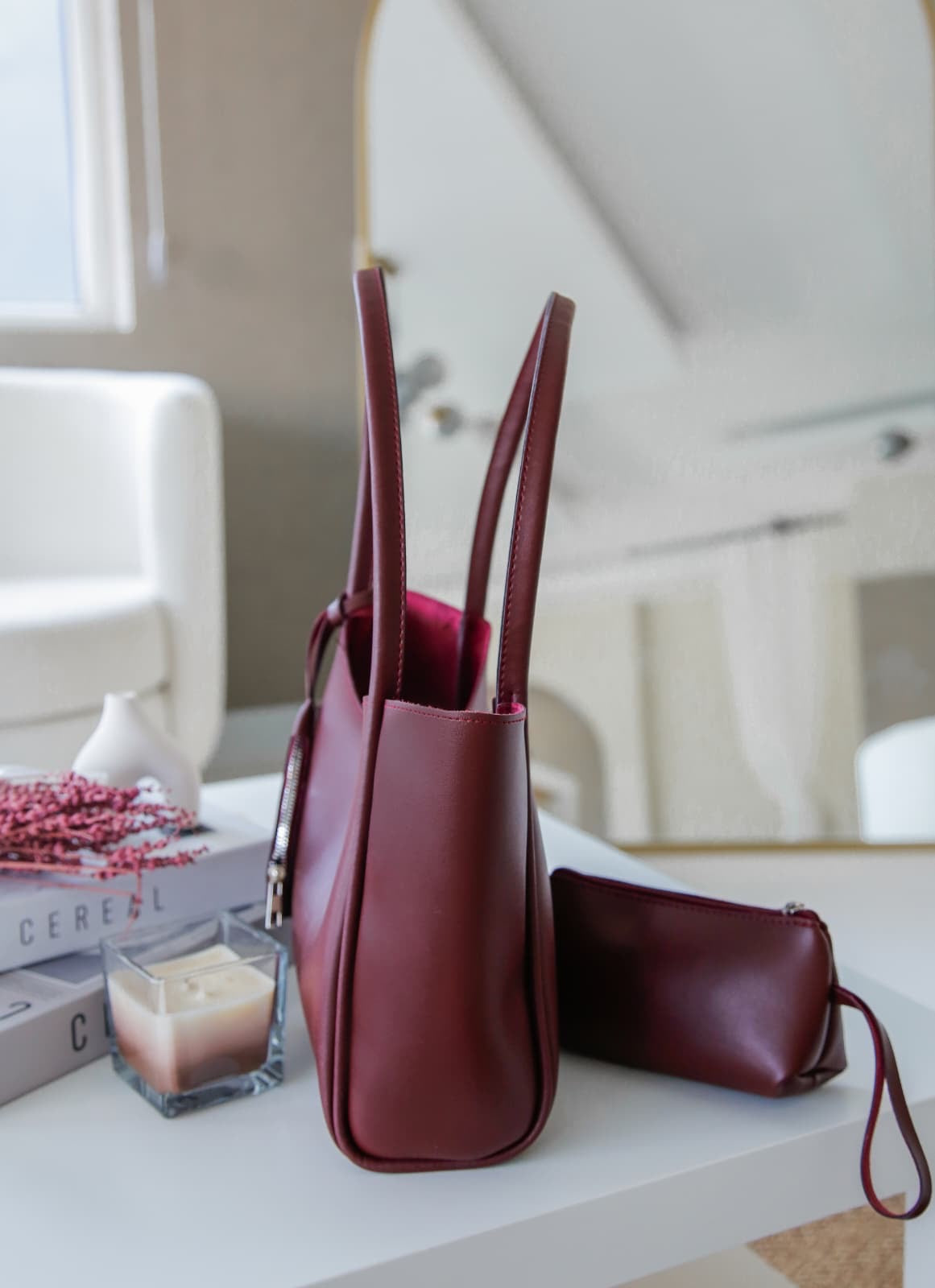 Bordo Şık ve Fonksiyonel Cüzdanlı & Makyaj Çantalı Kadın Çıtçıtlı El ve Omuz Çantası Lizyy Amber