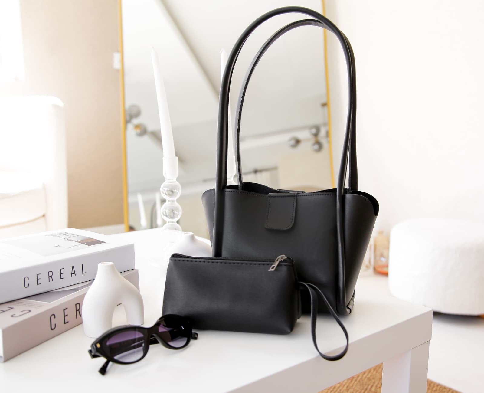 Siyah Şık Cüzdanlı Makyaj Çantalı Kadın Çıtçıtlı El Omuz Çantası Elyon Nut