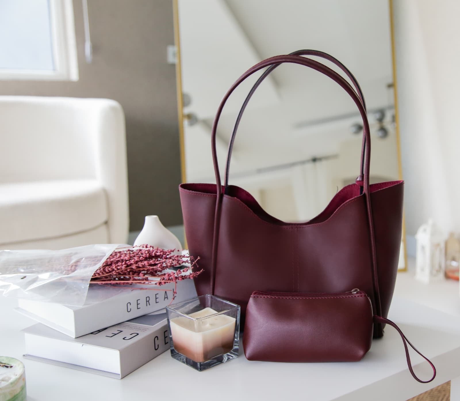 Bordo Şık ve Fonksiyonel Cüzdanlı & Makyaj Çantalı Kadın Çıtçıtlı El ve Omuz Çantası Lizyy Amber