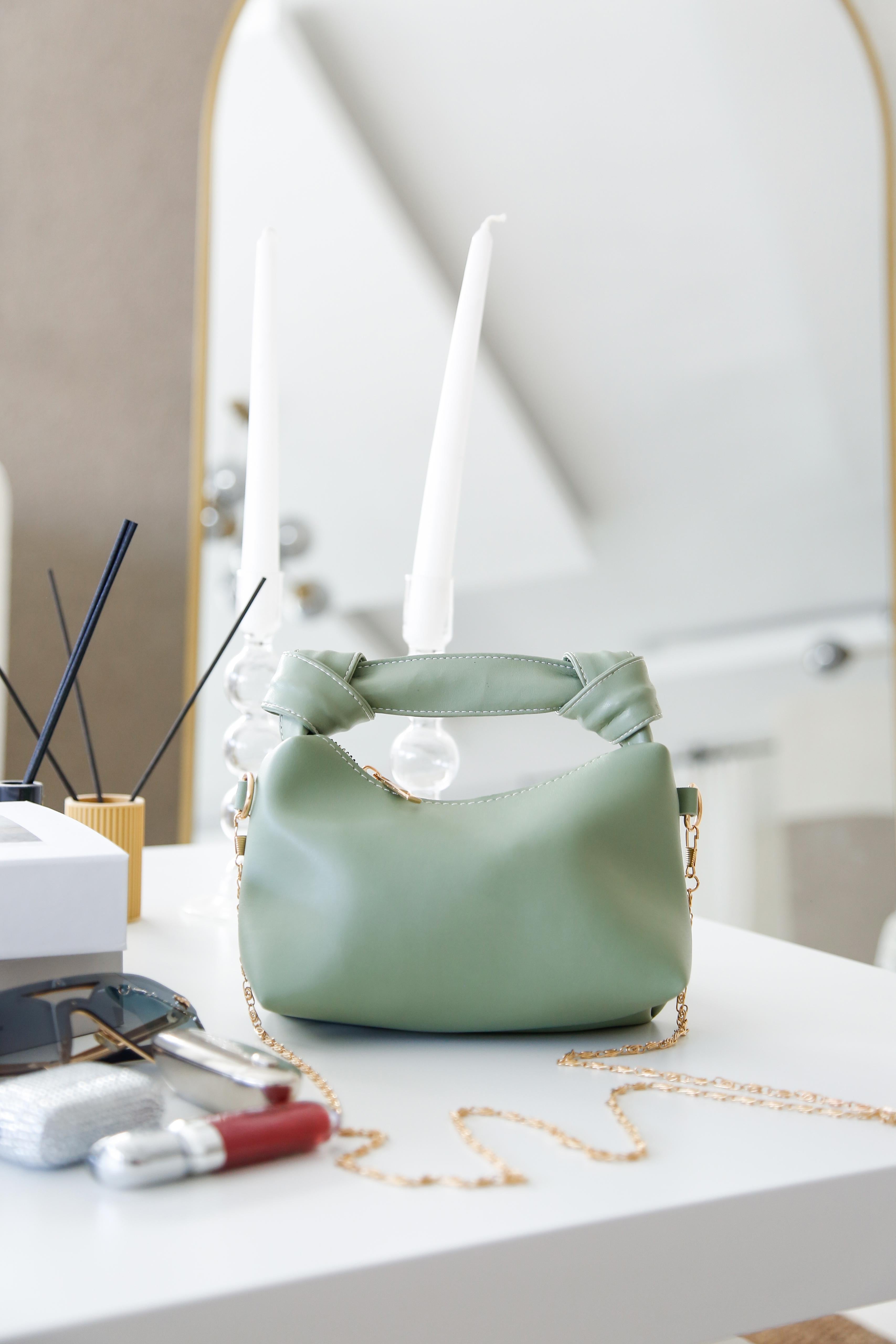 Mint Yeşili Soft Deri Düğüm Detaylı Zincir Askılı El Ve Omuz Çantası Zyra Mint