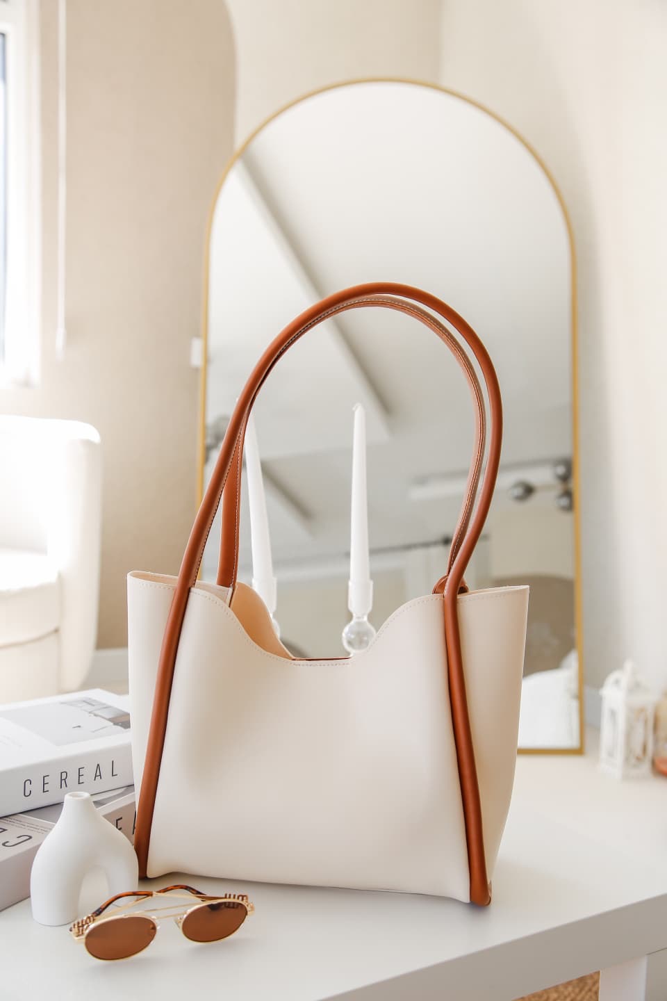 Krem & Taba Şık ve Cüzdanlı & Makyaj Çantalı Kadın Çıtçıtlı El ve Omuz Çantası Lizyy Terra